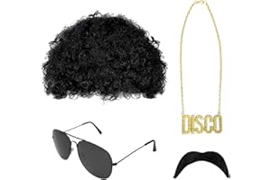 SKHAOVS 4 Pcs Hippie Costume Set, 60s 70s Fancy Dress Mens Accessories, Funky Afro Wig, Afro Hippy Wig, Disco Funky Sunglasses, Necklace, Fake Mustache