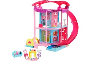 Barbie-dockhus, Chelsea-lekhus med 2 husdjur, möbler och tillbehör, hiss, pool, rutschkana, bollhav och mer, HHX44