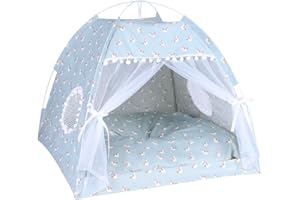QCHOMEE Cat Tent Cave Bed with Removable Cushion,2-In-1 Cat Dog Teepee Bed House Cat Nest Sleeping Bag,Pet Indoor Outdoor House Detachable Breathable Mesh,Four Seasons Universal (Light Blue, L:58x58x56CM)