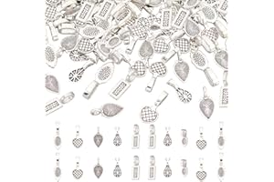 arricraft 100 Pcs Glue on Bails, 5 Styles Mixed Tibetan Style Charms Assorted Heart Teardrop Leaf Flat Pad Bails Tag Charms for Earring Necklace Jewelry
