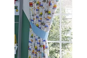 Kids' Club Bedding Kidz Club Bright Trucks Childrens Diggers Fully Lined Pencil Pleat 66x72, Multicolor, Curtains: 66" Width x 72" Drop