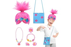 HONMOK Poppy Playtime Costume, Trolls Costume Wig Set, Girls Pink Wigs with Necklaces Bracelet Earrings Ring Blue Cloth Bag for Halloween Fancy Dress Cosplay Outfit Masquerade Accessories
