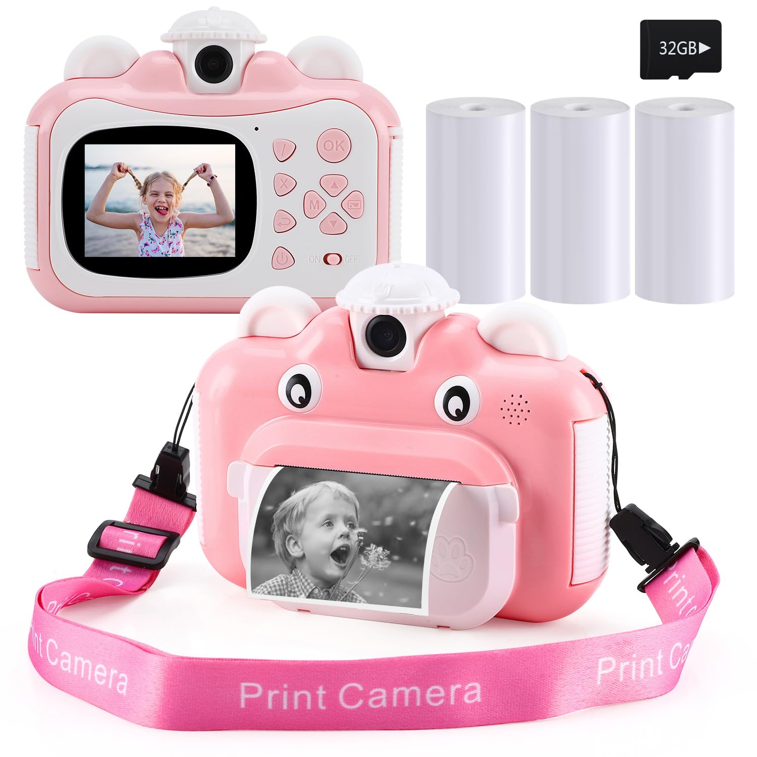 Barchrons Instant Print Digital Kids Camera 1080P Rechargeable Kids Camera for Girls Video Camera with 32G SD Card Gift for 6