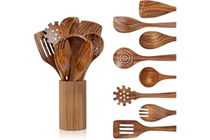 comfoyar Teak Utensili da Cucina Set, 9 Pezzi Cucchiai di Legno per Cucinare Set con Supporto e Mestolo, Resistente al Calore Mestoli in Legno per Pan Antiaderente