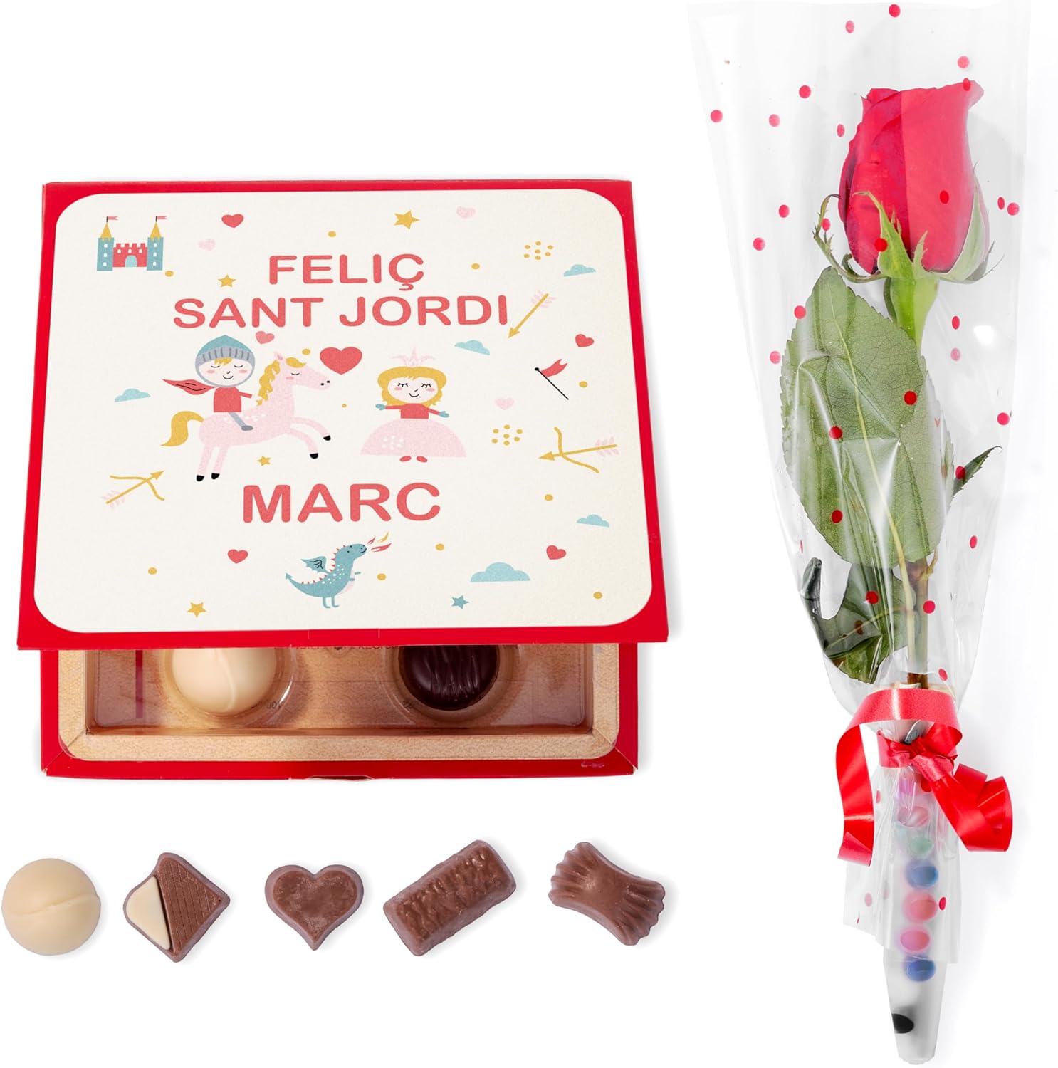 Made In Gift - Pack Sant Jordi Rosa y Bombones Personalizado con Nombre – Regalo Romántico “Te Voy a Comer a Versos” – Detalle Original con Chocolate para Pareja 23 Abril (Feliz Sant Jordi)