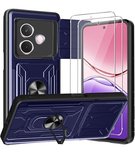 MEMELOKA Cover per OPPO Reno 14 5G/Reno14 5G con Vetro Temperato, Custodia Protettiva Militare Antigraffio+Cavalletto in Metallo Rotante a 360° Antiurto Custodia con Slidable Fotocamera Proteggi, Blu
