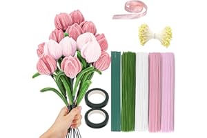 JAOUCUE Pipe Cleaners Flower Set, 400 Pieces Pipe Cleaners for Crafts, 4 Colours, Pipe Cleaner with Flower Wire, Ribbon, Flower Stamen for Bouquet, DIY, Pink