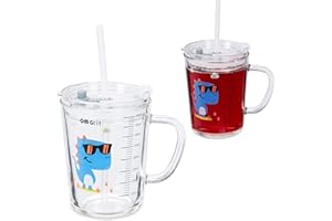 ‎RELAXDAYS Relaxdays Zestaw 2 szklanek dla dzieci, motyw dinozaura, szklanka do picia dla dzieci, z uchwytem, pokrywką i słomką, skala 400 ml, przezroczyste