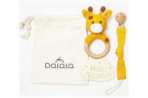DALALA Regalo Bebe Recien Nacido Niño Niña Original Sonajero Ganchillo Hecho a Mano en Algodon y Madera Chupetero Juguete Estimulación Montessori Ideal como Regalo Nacimiento Cumpleaños Bautizo