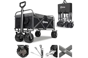 Sekey Folding Festival Trolley with Wide All-Terrain Wheels, 440LB Large Load Capacity, Heavy-Duty Camping Wagon with Brake, Sturdy Beach Garden Cart, Adjustable Handles & Drink Holders, Black & Grey