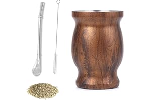 Huamirra Tazze Mate, Set Yerba Mate in Acciaio Inossidabile, Set da Tè Mate in Acciaio Inox, Inossidabile da 8 once, Doppio Isolamento, con Cucchiaio E Spazzola, per La Pulizia, Set da 230 ml, Legno
