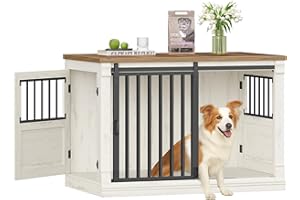 HEXCELEN 101cm Hundekäfig-Möbel, Hundebox Holz, Hundebox für Zuhause mit 3 Türen, Schiebetüren, für Kleine, Mittlere, Große Hunde, Robuster, Beistelltisch, 101 × 60,5 × 70 cm, Weiß Braun