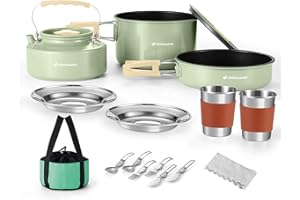 Odoland Camping Cookware Set Non-Stick Pot and Pan Set with Kettle, Stainless Steel Utensils Mess Kit, Cups Plates Knives Spoons Forks for Outdoor Cooking