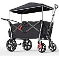EVER ADVANCED Wagon for Kids to Sit In, Stroller Wagon For 2 Kids with Removable Canopy, Kids Wagon Pull Along with Seats 5-Point Harnesses, Portable Push Pull Cart Wagon with Handle Bar Black