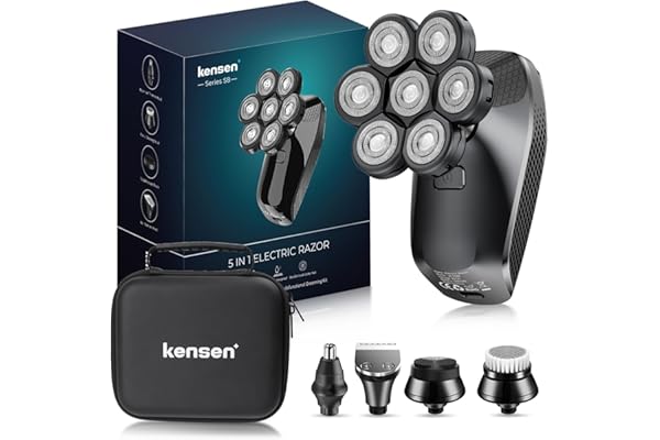 Rasoir Electriques Hommes,5 in 1 Rasoirs à Têtes Rotatives 7D Tondeuse à Barbe IPX6 Étanche rasoir à tête chauve Sec et humide Rasoir Nez Ave écran LED et Brosse pour le Visage