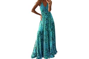 Briskorry Sommerkleid Damen Lang Spaghetti-Träger Strandkleid Ärmelloses Maxikleid Blumenmuster Hohe Taille Sexy Tiefes V-Ausschnitt Langes Kleid Chiffon Spitzenkleid mit Punktdruck Boho Strandkleider