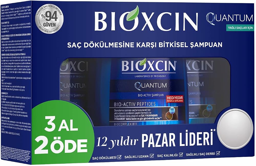 Bioxcin Quantum Şampuan 3 x 300 ml – Yağlı Saçlar İçin Sebum Dengeleyici ve Saç Dökülmesine Karşı Etkili Şampuan (3 Al 2 Öde Set)