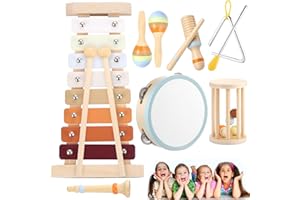 Yesmoyhe Holz Musikspielzeug Trommel, 7 Stück Musikinstrumente Kinder Set, Percussion Set, Baby Klanghölzer, Tambourin aus Holz, Maracas, Triangel und Egg-Shaker, Baby Montessori Spielzeug ab 3