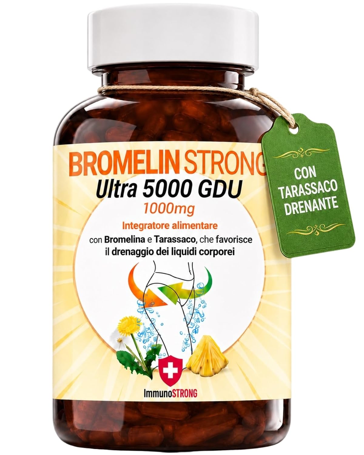 Bromelina Forte Drenante 5000 Gdu Purissima Alta concentrazione Diuretico Con Tarassaco Fino a 4 mesi di fornitura 120 Compresse - ImmunoSTRONG