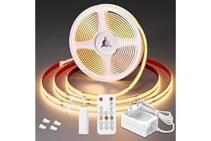 ‎WOBSION WOBSION 5M LED Streifen Warmweiß mit Netzteil und Fernbedienung,CRI92 COB Band für Home,3mm Dünn Stripe Light with 320 LEDs/M,Flexibel Helles 24V DIY Lichtleiste 3000K,Strip Geeignet Indoor