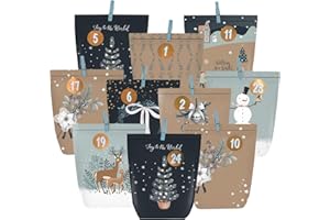 KOHMUI Adventskalender zum Befüllen, 24 Weihnachtskalender Kraftpapiertüten zum Selber Basteln, Geschenk Papiertüten mit Zahlen Aufkleber zum Selbstbefüllen