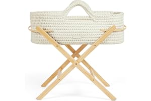 Ickle Bubba Nova Crochet Moses Basket & Foldable Stand - Suitable from Birth to 9kg, Compact and Lightweight, Includes Plush Mattress, Ideal for Naps at Home or Travelling (Cloud/Pine)
