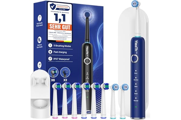 Cepillo de Dientes Eléctrico de Rotación Adultos con 8 Cabezales - Cepillo Electrico con Estuche de Viaje, 5 Modos, IPX7 Impermeable, Cepillo Dientes Electrico Viaje Recargable, Azul