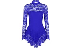 Aiihoo Women's Floral Lace Mock Neck Ice Skating Dress Long Sleeves Ballet Dance Skirt Leotard Dancewear
