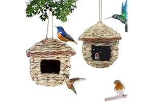 BSSOWE Vogelnest Gras, 2 Stück Gras Bird Nest, Vogelhäus, Handgewebte Vogelhäuser, Vogelhäus zum Aufhängen für Wellensittich Meise, Kanarienvogel, Amsel, Hummingbird, Rotkehlchen (Farbe der Stämme, B)