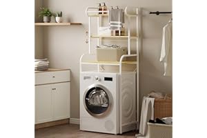 HAUSPROFI Regal Waschmaschine, Regal über Waschmaschin, Waschmaschinenregal mit Kleiderstange, Verstellbare Trennwände und Füße, Abgerundete Ecken, Metall Holzwerkstoff, 70L x 50B x 180H cm (Weiß)