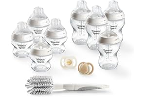 Tommee Tippee Natural Start Bottle & Soother Starter Set, 150ml & 260ml Natural Start Self-Sterilising Bottles, with Extra Slow & Slow-Flow Teats, and Ultralight StayPut & Newborn Soothers Included