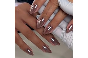 KQueenest Chrome Press On Nails - Glitzer Braun Nägel zum Aufkleben Mittel Mandel, Sparkle Bling Fake Nails Künstliche Fingernägel zum aufkleben, Glasiert Acryl Nägel für Frauen, 24 Stück