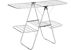 SONGMICS Séchoir à linge à 2 niveaux, Étendoir pliable en Acier inoxydable, avec Ailes réglables en hauteur, pour Chaussettes, Draps, Vêtements, Stable, Bleu LLR53BU 156 x 61 x 113 - 135,5 cm