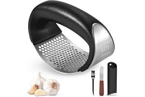 KOI ARTISAN KOI ARTIASN Garlic Press Stainless Steel - Garlic Crusher Rocker Press with Garlic Peeler Wood Congenial Handle