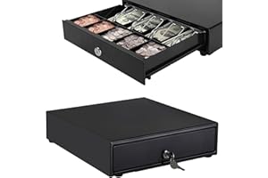 SAMTEK Open Cash Drawer Heavy Duty Electronic Cash Register Till Drawer Box, 4 Cash Bills Notes Cheques Compartment, 5 Coin Trays Key Lock System for Point Sale Retail Shops Businesses 33.5x38x8cm