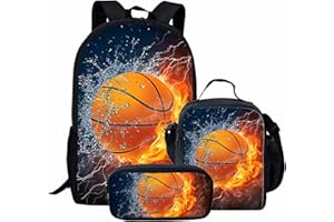 KUIFORTI Fire Basketball Sac à Dos pour Adolescents garçons Cartable Scolaire avec Sac à Lunch Thermique pour Filles Enfants Lunchbox Pencil Case Set 3 PCS Sacs d'école