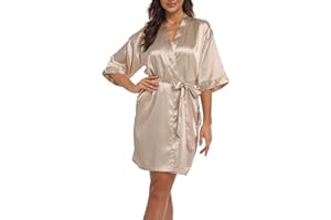 Teemie Damen Morgenmantel Bademantel Satin Kimono Robe Nachtwäsche Mit Gürtel Taschen Braut Brautjungfern Kurz Sexy V Ausschnitt Nachthemd Sommer Frauen 3/4 Ärmeln Pajama Hochzeit Party