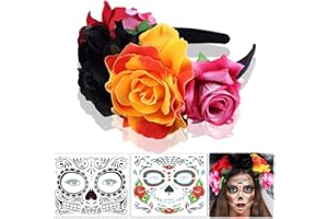 LGZIN Serre Tete Fleur Halloween, Jour des Morts Serre-Tête + 2 PCS Halloween Tatouages Temporaires pour Visage, Tatouage Tete de Mort Mexicaine, Mexicains Rose Serre-Tete pour Enfant Adulte