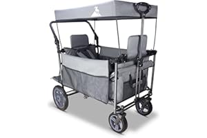 TOPWELL Folding Wagon, Portable Camping Cart, Collapsible Foldable Trolly with Quick-release Big Wheels, Collapsible Pull along Wagon 265LB, 2 Seats, Adjustable Handle (Grey)