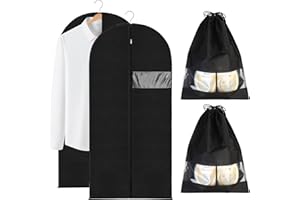 Tenbrachian 2 Kleidersack Lang 120 cm x 60 cm & 2 Schuhbeutel, Kleidersack Anzug Schutzhülle, Kleidersäcke mit Reißverschluss, Mottensicher Anzugtasche für Kleider Hemden Aufbewahrung(Schwarz)