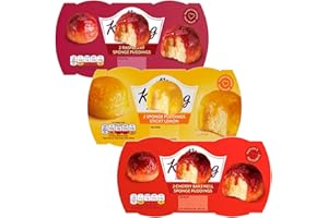 ASOKOBOX Classic Sponge Pudding Dessert Bundle - Delicious Vareity of Steamed Puddings in 3 Flavours - Lemon, Cherry Bakewell, and Raspberry - Microwaveable and Delicious (6 x 90g)
