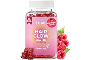 ‎YUICY yuicy® 10.000* µg Biotin hochdosiert - Zuckerfreie Haar Vitamine mit Niacin, Vitamin C, Zink für Haut Haare Nägel - Haarwachstum Beschleunigen - Yuicy Hair Glow Haarvitamine Vegan 60 Stück