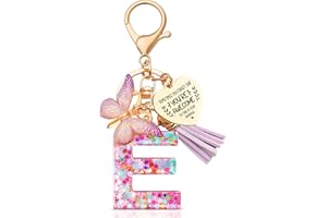 Anruzon Initial Letter Keychain, Women Tassel Butterfly Pendant Pink Purple Cute Car Keyrin, Purple and Gold Resin Alphabet Key Ring for Wallet, Personalised Keyring