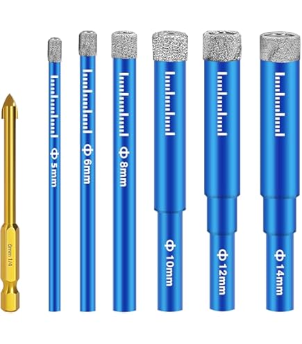 7 Pezzi Gres Porcellanato Punte Trapano 5/6/8/10/12/14mm,Set Di Punte Per Granito Con 6 Mm Carbide Punte,per Vetro, Ceramica, Granito, Marmo