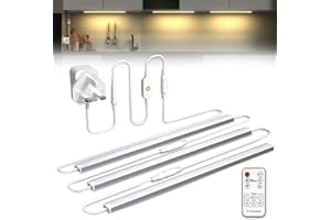 Bonlux Under Cupboard Kitchen Lights, Linkable Under Cabinet Kitchen Light Mains DC 12V Warm White 3000K, Dimmable Under Counter Lights with Remote and UK Plug for Cupboard Cabinet(3x12IN)