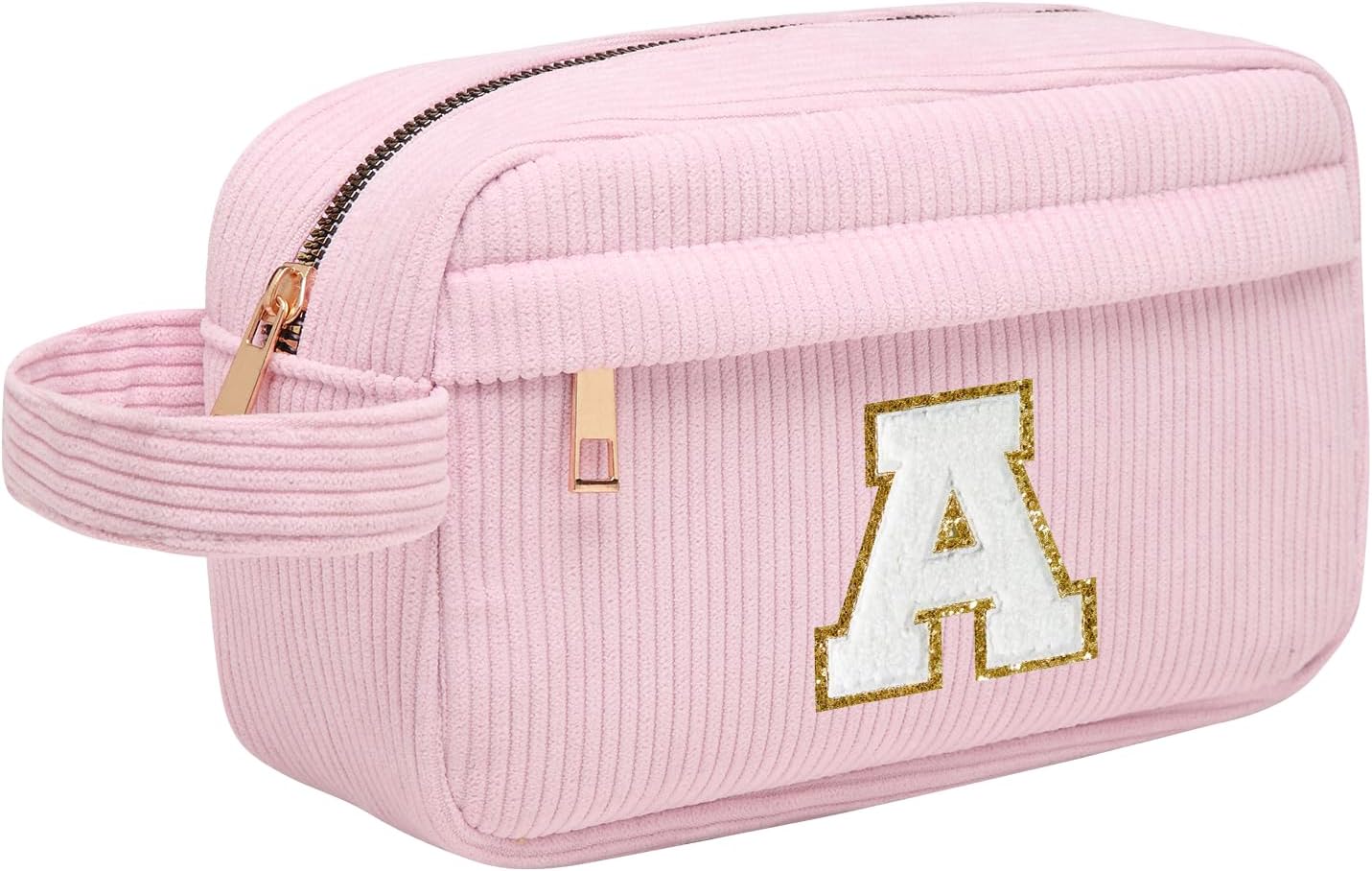 Neceser Maquillaje Mujer Personalizado Inicial, Bolsa de Cosméticos de Viaje, Gran Capacidad Neceser de Maquillaje de Pana, Regalo Cumpleaños Navidad para Mujeres Novias Mejores Amigas, Rosa A