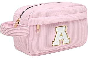 TOOZEN Neceser Maquillaje Mujer Personalizado Inicial, Bolsa de Cosméticos de Viaje, Gran Capacidad Neceser de Maquillaje de Pana, Regalo Cumpleaños Navidad para Mujeres Novias Mejores Amigas, Rosa A