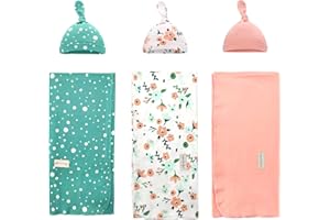 MIRACLE BABY 3 Pack Baby Swaddle Blanket 90×90cm with 3 Hat Set, Soft Knitted Cotton Receiving Blankets, Swaddle Wrap for Newborns Infants Babies (Flowers+White dots+Pink)