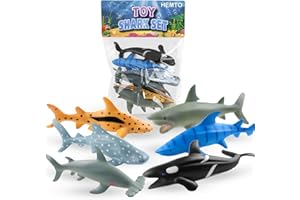 HEMTO Toy Shark Set (6 Pack) - Educational Shark Toys for Bath Time - Realistic Ocean Creatures Playset with Great White Shark, Orca Whale - Figure Gift Set for Children, Toddlers - Perfect for Cake Toppers