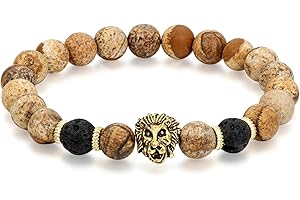 Flongo pulsera aleación Enlace muñecas León cabeza piedra Oeil de tigre Maps volcánica Artificial Perla Retro Fantasía joyas regalo negro marrón para mujer hombre
